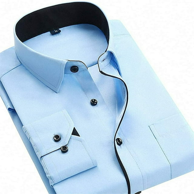 Mens Long Sleeve Tops Business Work Formal Dress Shirt Light Blue 2XL