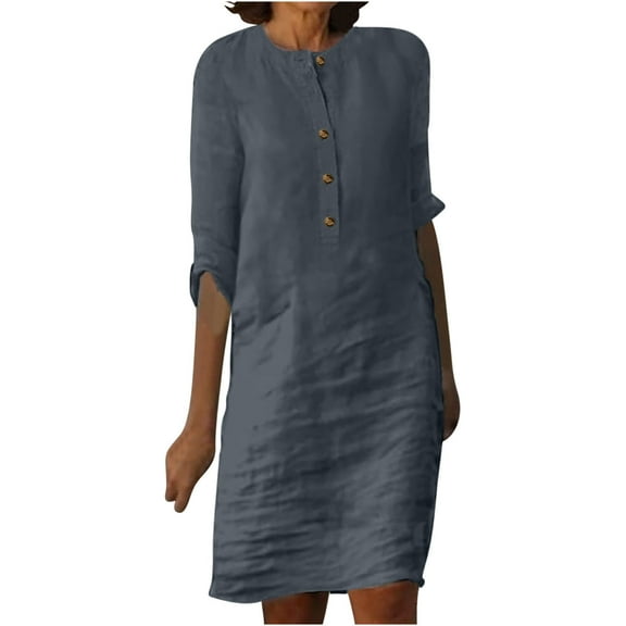 Womens 3/4 Sleeve Plus Size Shirt Dress Casual Loose Button Down Round Neck Solid Color Flowy Knee Length Party Dress,Gray,2XL