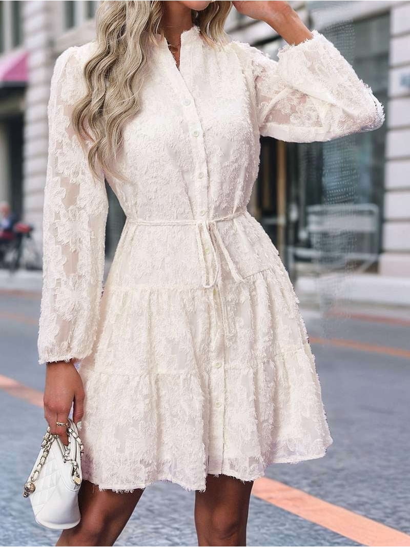 fall winter dresses 2025 Womens Long Sleeve Fall Dresses 2025 Button Up Waist with Belt A-Line Mini Dress Casual Fall Winter Dress S