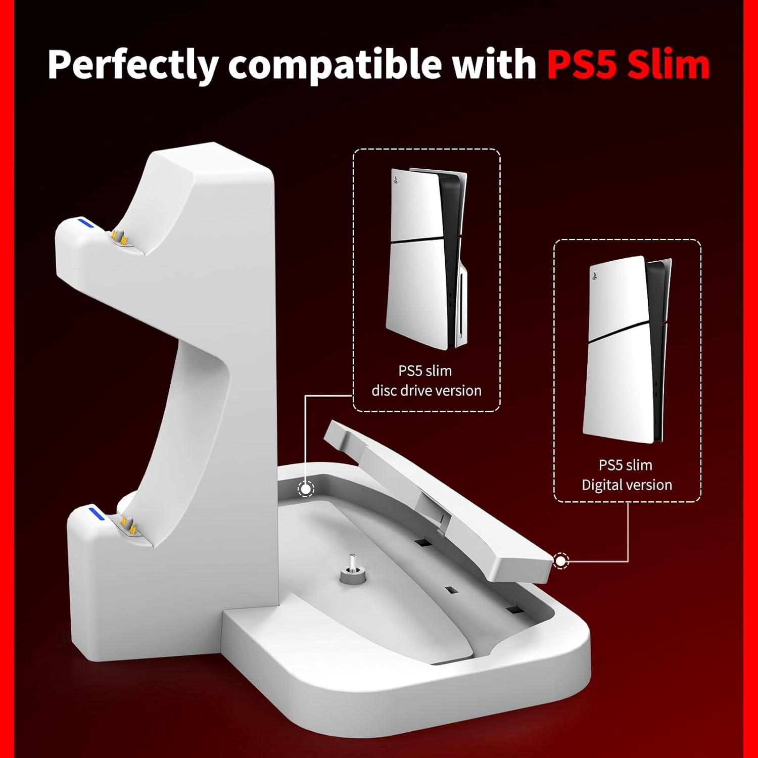 PS5 Slim Vertical Stand with Dual Controller Charger, Silent Fanless Charging Station with Headphone Holder, for PlayStation 5 Slim Disc & Digital