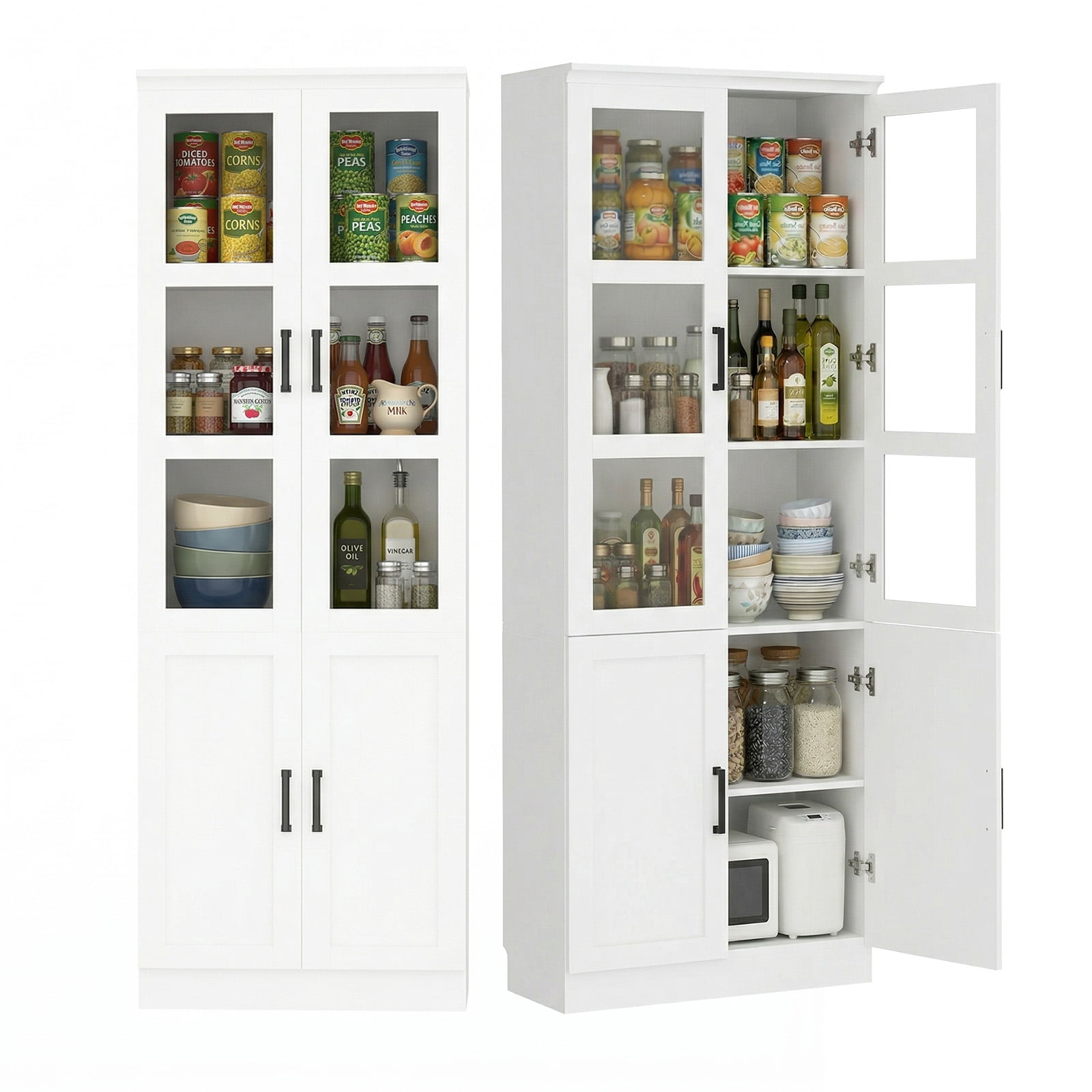 iSunirm 79.7'' Tall Pantry Cabinet with Tempered Glass Doors and Adjustable Shelves, Freestanding Kitchen Hutch Cabinet for Kitchen, Dining, Living Room, White, 2 Packs