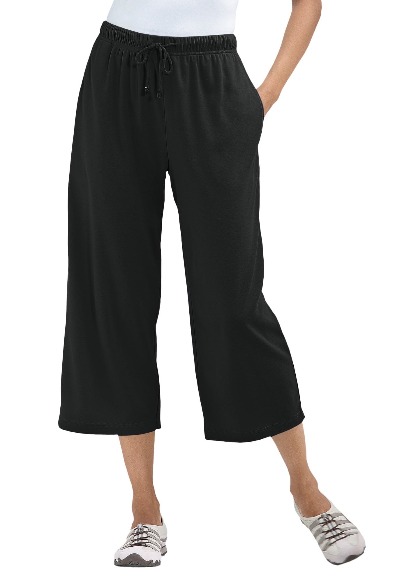 NEW Womens Knit Capri Pants Size Medium Ladies White w/ Black Drawstring Pockets 