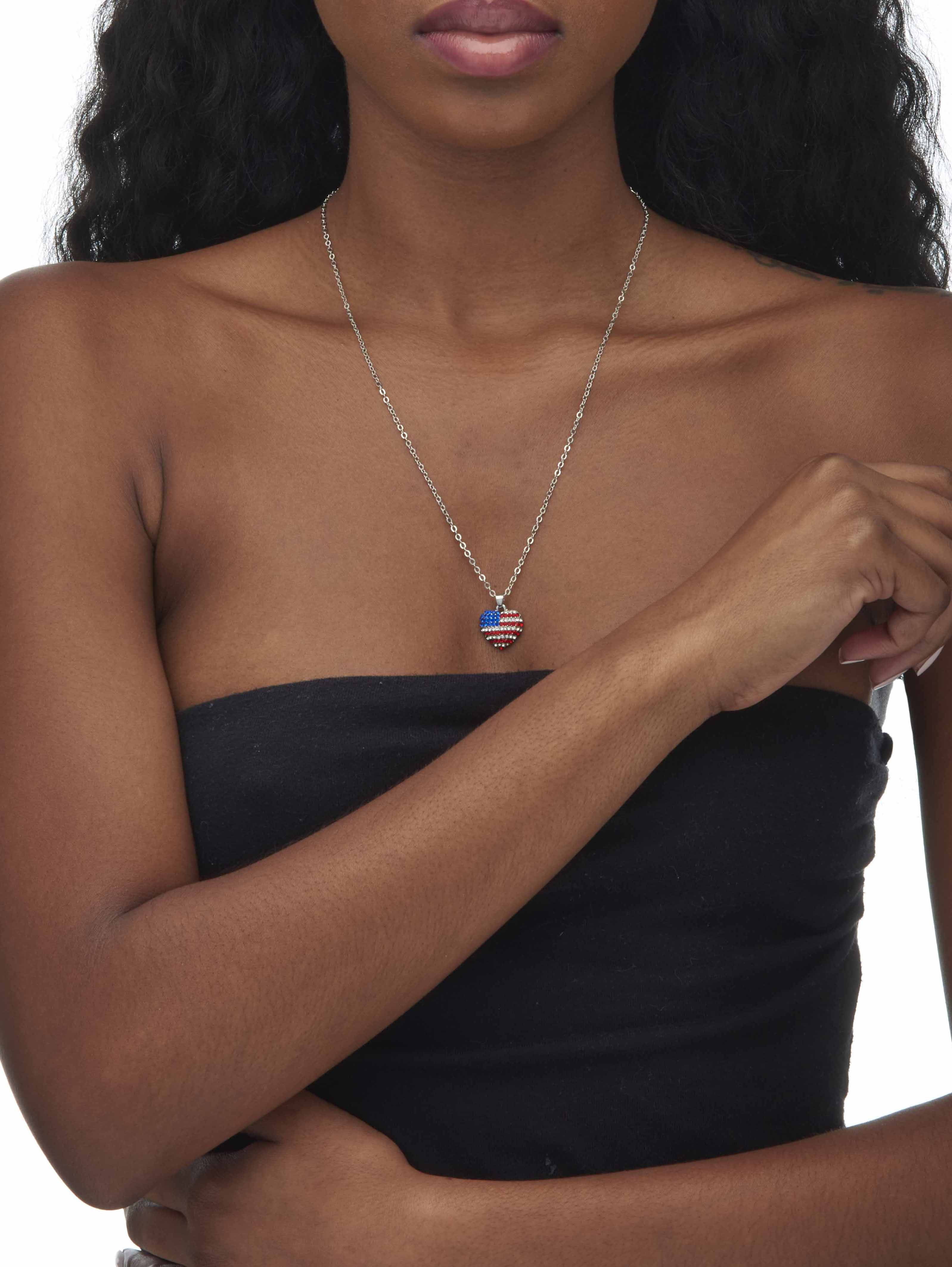 PalmBeach Jewelry Red White and Blue Crystal American Flag Patriotic Pendant Necklace in Silvertone 18"