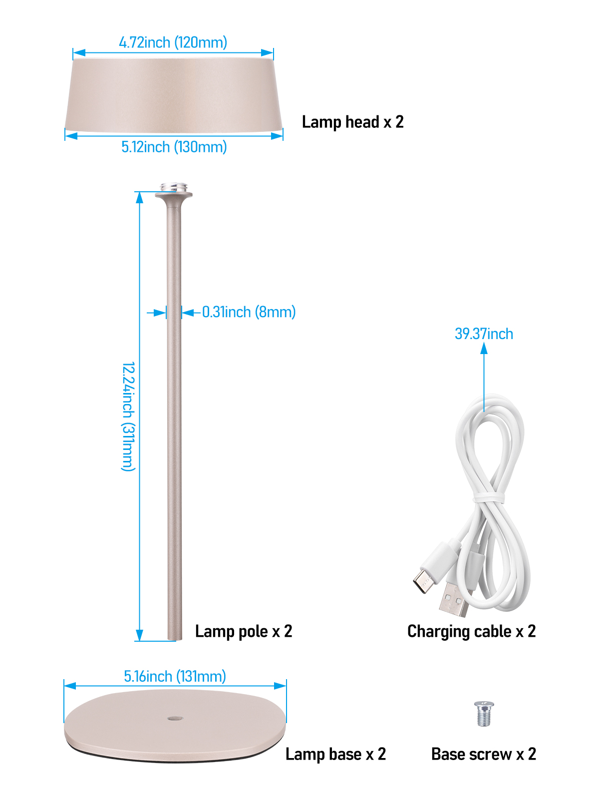 2 Pack Cordless LED Table Lamp, Aluminum Portable Rechargeable Desk Lamp, Dimmable Touch Lamps for Bedroom Living Room Restaurant Patio, Beige