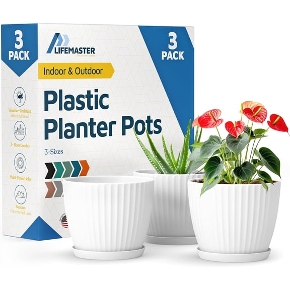 White 6-Inch Plant Pots with Drainage & Saucers 3 Pack, Indoor & Outdoor Planters for Houseplants, Herbs, and Flowers, Durable & Weatherproof Material, Stackable, Lightweight, Minimalist Design