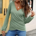 thumbnail image 3 of TKLPEHG Long Sleeve Shirts for Women V Neck Pleated Knit Shirt Lightweight Loose Classic Solid Color Casual Fashion Blouses (Green,XL), 3 of 7