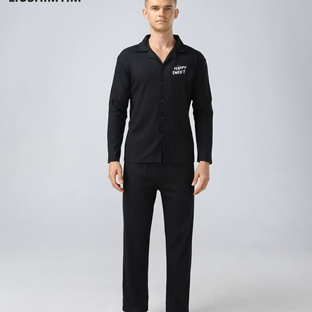 

Men‘s Solid Black Cotton Pajama Set Lapel Shirt And Pants For Winter