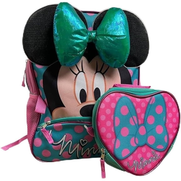 Disney Minnie Mouse 16-Inch Backpack for Girls with Heart-Shaped Lunch Box – Kids School Backpack for Elementary & Kindergarten – Padded Straps & Mesh Pockets – Girls Travel Bag