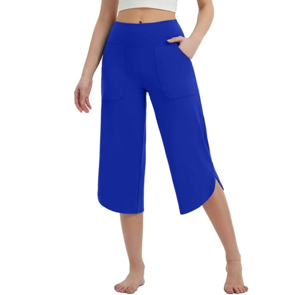 TaTaai Women's Wide Leg Yoga Capri Pants with Pockets Loose Fit 7/8 Length Stretchy Cropped Pants Summer Casual Training Bottoms High Waisted Gift