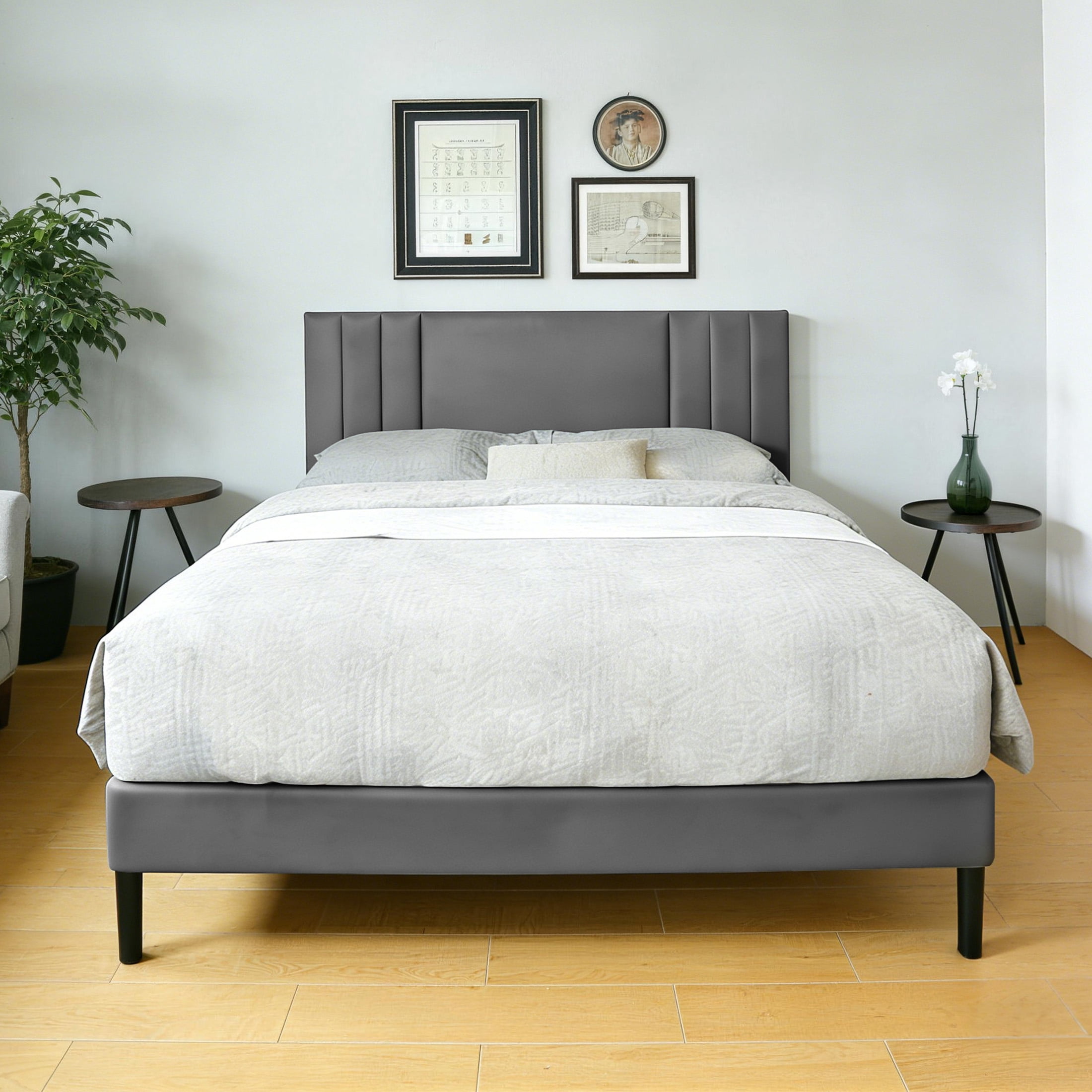 Aukfa Queen Size Bed Frame with Upholstered Adjustable Headboard, Faux Leather Platform Bed with Wood Slats Support, No Box Spring Needed, Gray