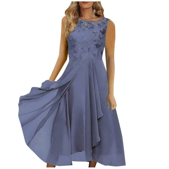 Summer Dresses For Women Solid Color Chiffon Split Round Neck Sleeveless Lace Hollowed Out Evening Gown Dress Sundress Daily-Wear,Gray,XXL