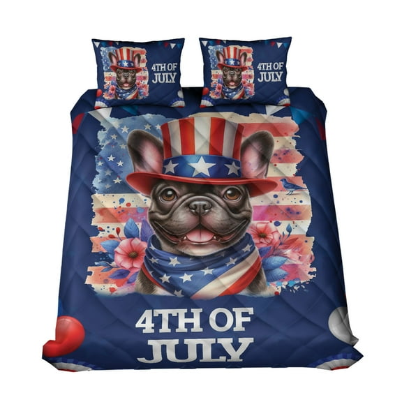 Patriotic French Bulldog Celebrates 4th of July Quilt Bedding Set Dog Lover Gifts 1 Blanket Bed Cover 2 Pillowcases - 02009