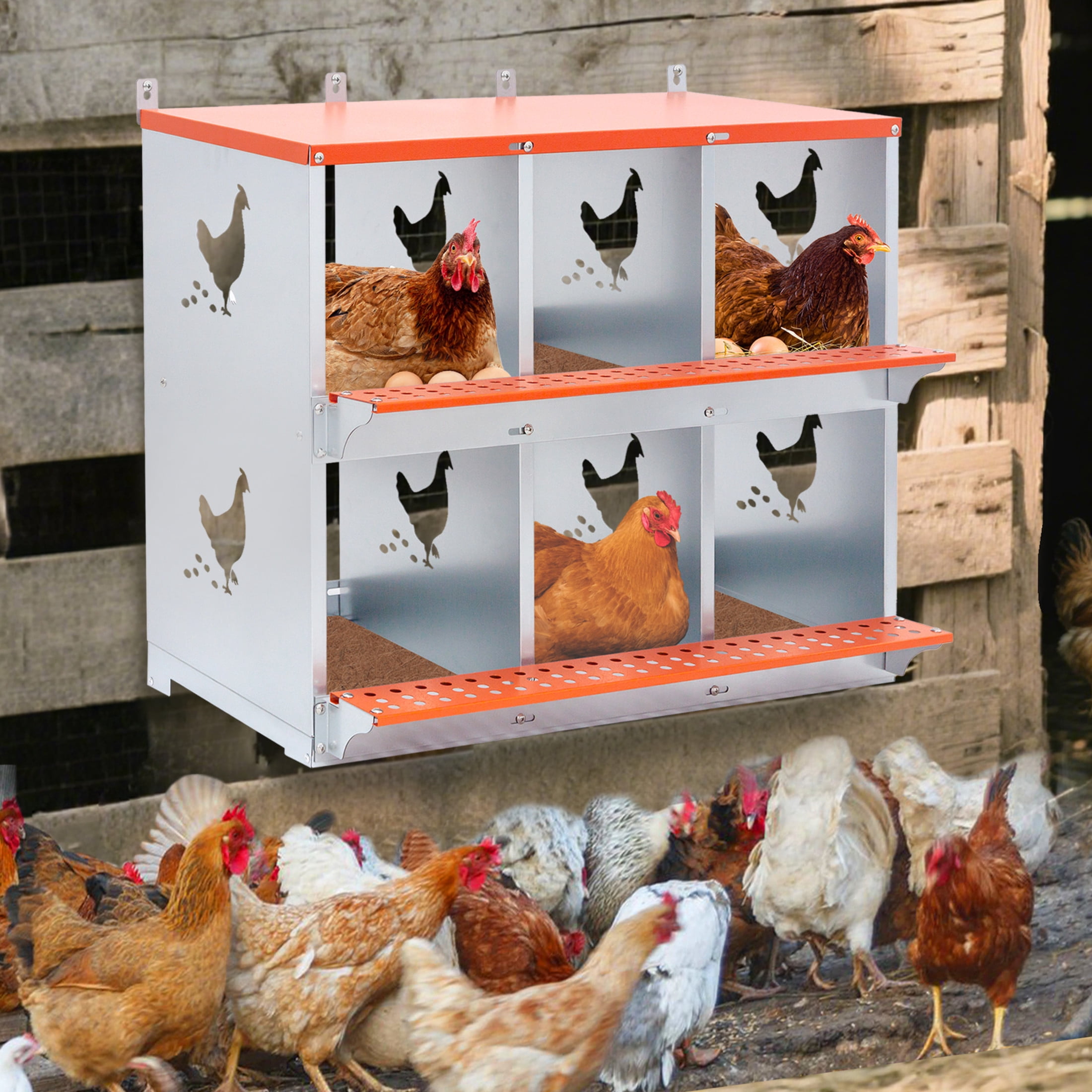Noble House 6-Bay Wall-Mount Steel Nesting Box with Ventilation, Easy Egg Collection, for Chickens, Ducks, Orange