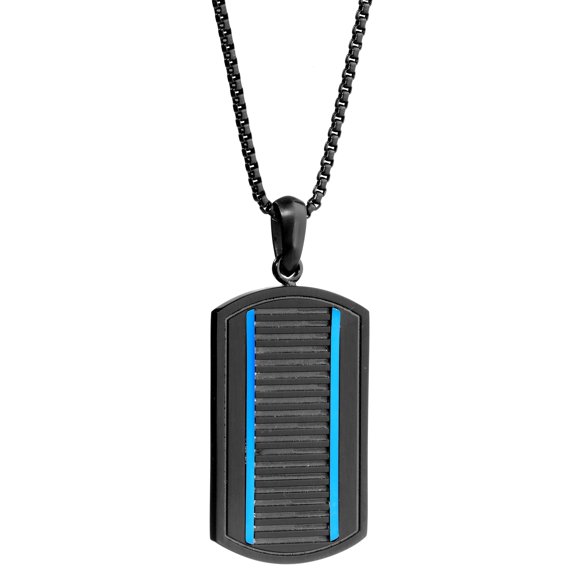 Textured with Blue Accent Dog Tag Pendant Necklace for Men in Stainless Steel with Black Ion Plating on a 24 Inches Long Round Box Chain