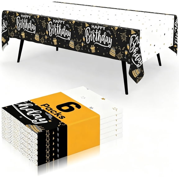 decorUhome Disposable Birthday Party Tablecloth - 6 Pack, 54 x 108 inch Decorative Rectangular Table Cover, Waterproof Plastic Tablecloth, Black & White