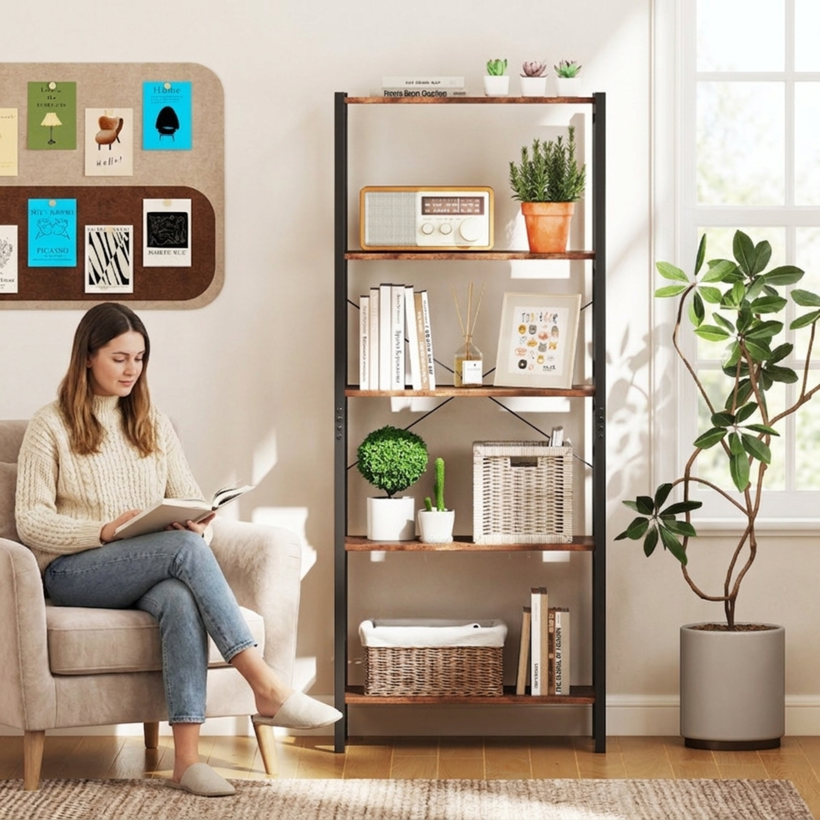 Furnibear Multipurpose Open Bookcase Industrial Rack Wide Standing Storage Shelf for Living Room Home Office Bedroom Display Storage Shelf, Brown
