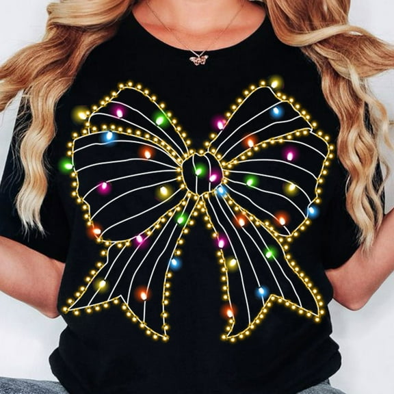 YUHAK Christmas Light Bow T-Shirt, Christmas Light T-Shirt, Christmas Season T-Shirt, Merry Christmas T-Shirt, Christmas Girly T-Shirt, Christmas Shirt