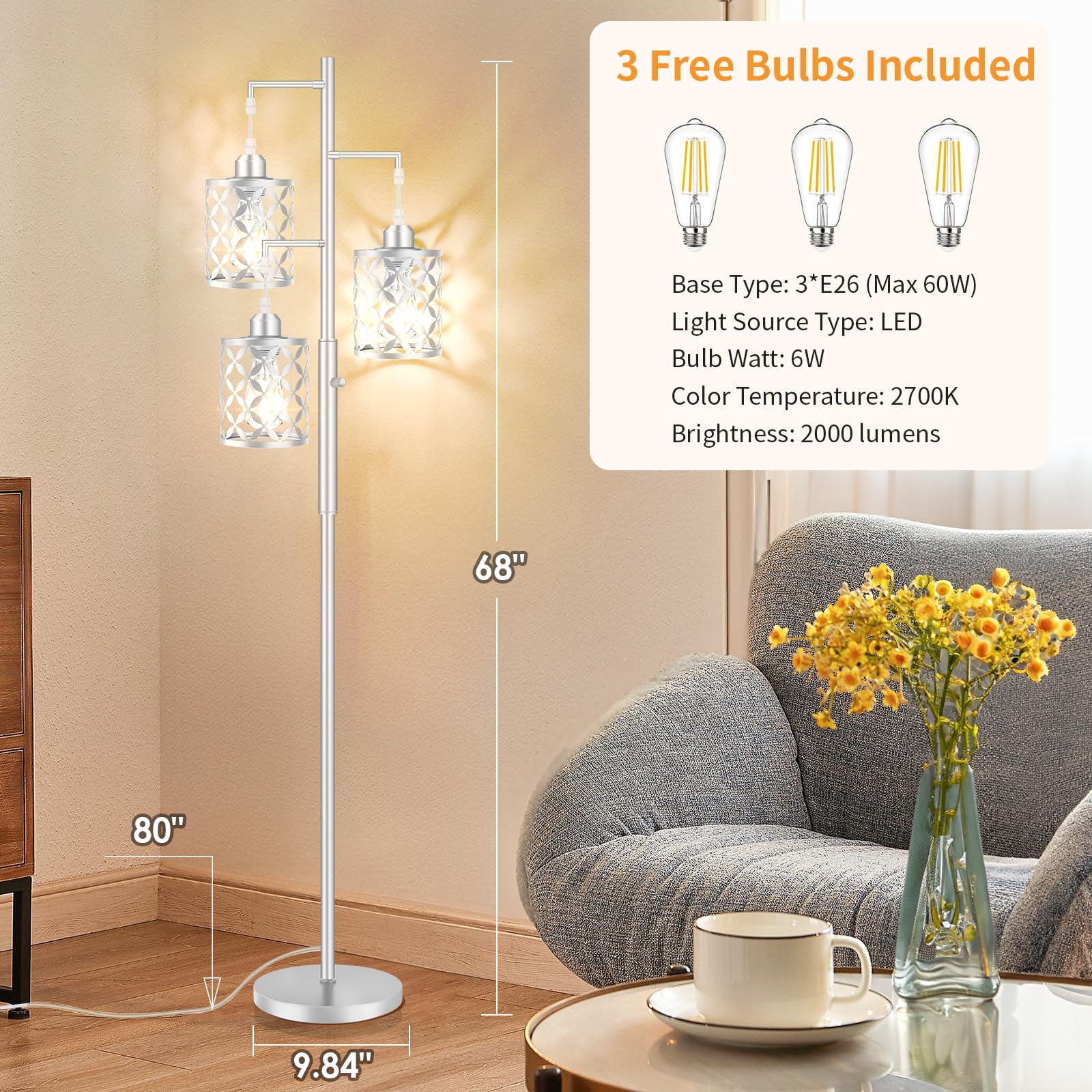 68" Dimmable Floor Lamp with Metal Cage, 3 LED Bulbs Included for Living Room Bedroom
