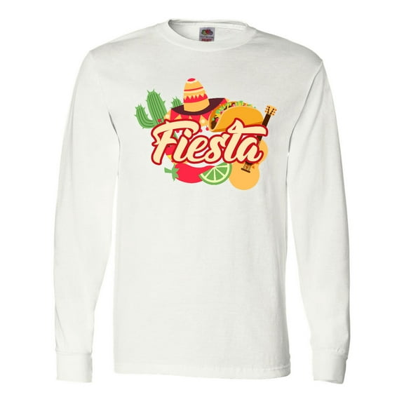 Inktastic Fiesta with Sombrero Taco Cactus Lime Red Pepper and Guitar in Background Long Sleeve T-Shirt