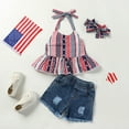 thumbnail image 2 of LNMQLPDBS Girls' Clothing Sets Independence Day Suits Red White and Blue Star Striped Printed Sleeveless Halter Tops + Denim Shorts 2pcs Outfits 2t Girl Clothes for 4thof July Summer Set, 2 of 7