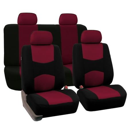 FH Group Universal Flat Cloth Fabric Full Set Car Seat Cover, Burgundy and Black