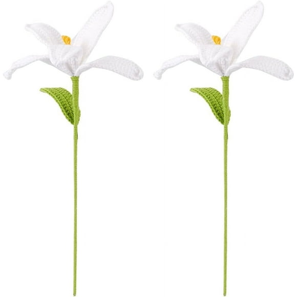 2 PCS Handmade Crochet Artificial Lily Flowers Knitted Cotton Lily Flowers Bouquet with Iron Wire White Lily Fake Flowers Crochet Bouquet for Home Wedding Decoration Flower Gift Bouquet