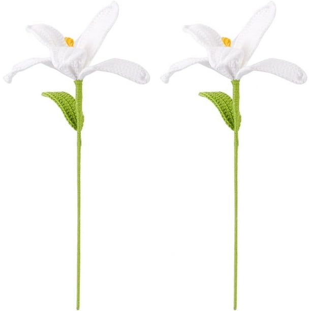 2 piezas de flores artificiales de lirio de ganchillo hechas a mano, ramo de flores de lirio de algodón tejido con alambre de hierro, ramo de flores falsas de lirio blanco de ganchillo.