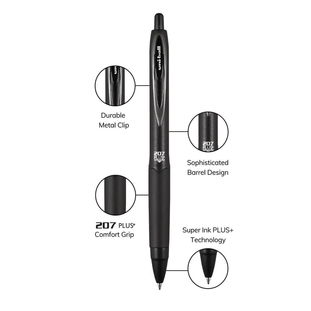 uni-ball 70606 207 Plus+ 0.5 mm Retractable Gel Pen - Black Ink/Black Barrel/Micro (1-Dozen)