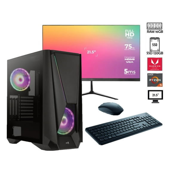 PC gamer Ryzen 5 5600G AMD SSD 120GB RAM de 16GB monitor 21.5" 500W 80+