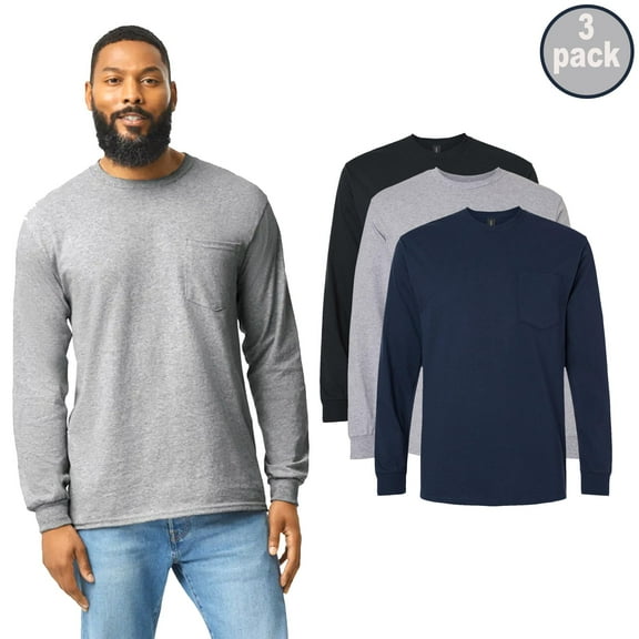 Gildan Ultra Cotton Men's Long Sleeve Cotton Pocket Tee, Casual Shirt, Mix Color, Pack 3, S