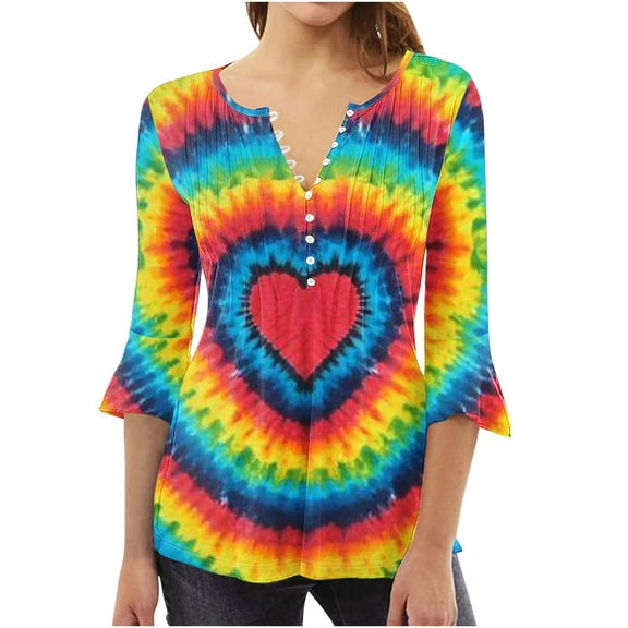 FAIWAD Women's 3/4 Sleeve Tunic Tops V Neck Button Down Tops Tie Dye Print Slim Pullover Tops