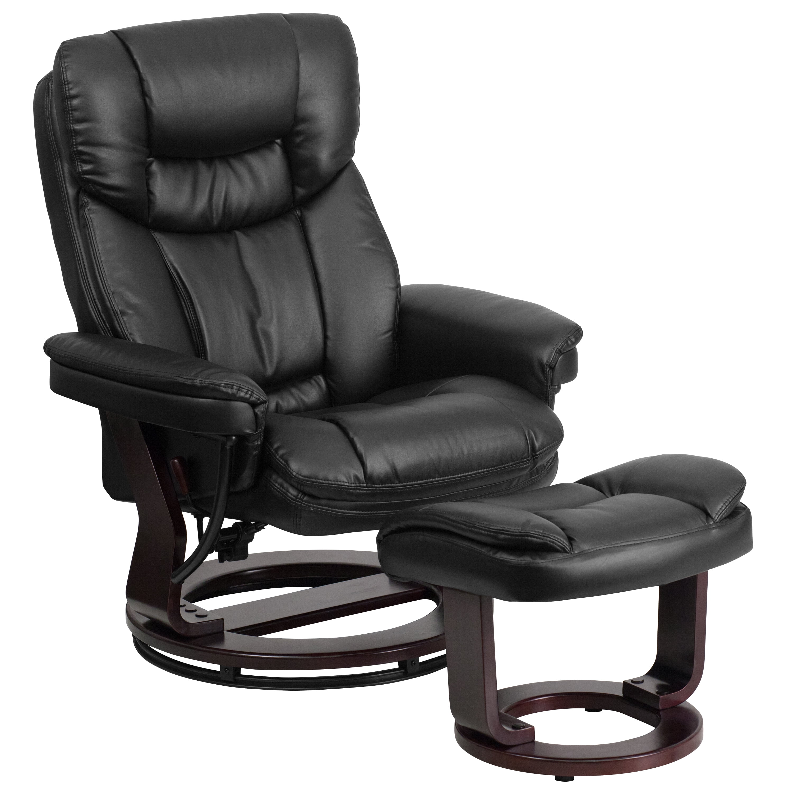 Emma + Oliver Multi-Position Recliner/Curved Ottoman - Swivel Wood Base in Black LeatherSoft