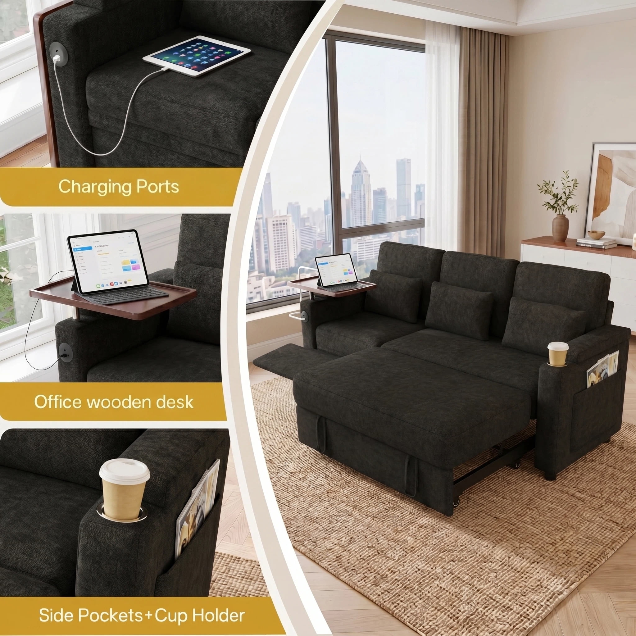 AISWORD 83" 3-in-1 Convertible Pull Out Sofa Bed, 6 Position Adjustable Sleeper Couch with USB Ports, Laptop Table, Cup Holders & Side Storage Pockets, Black