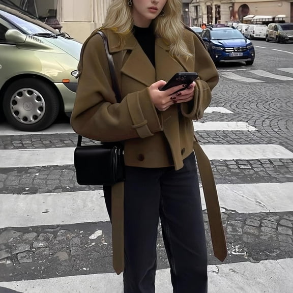 BEFOKA Women's Winter Wool Coat Casual Notch Lapel Peacoat Cropped Trench Coat Lapel Casual Loose Fits Jackets