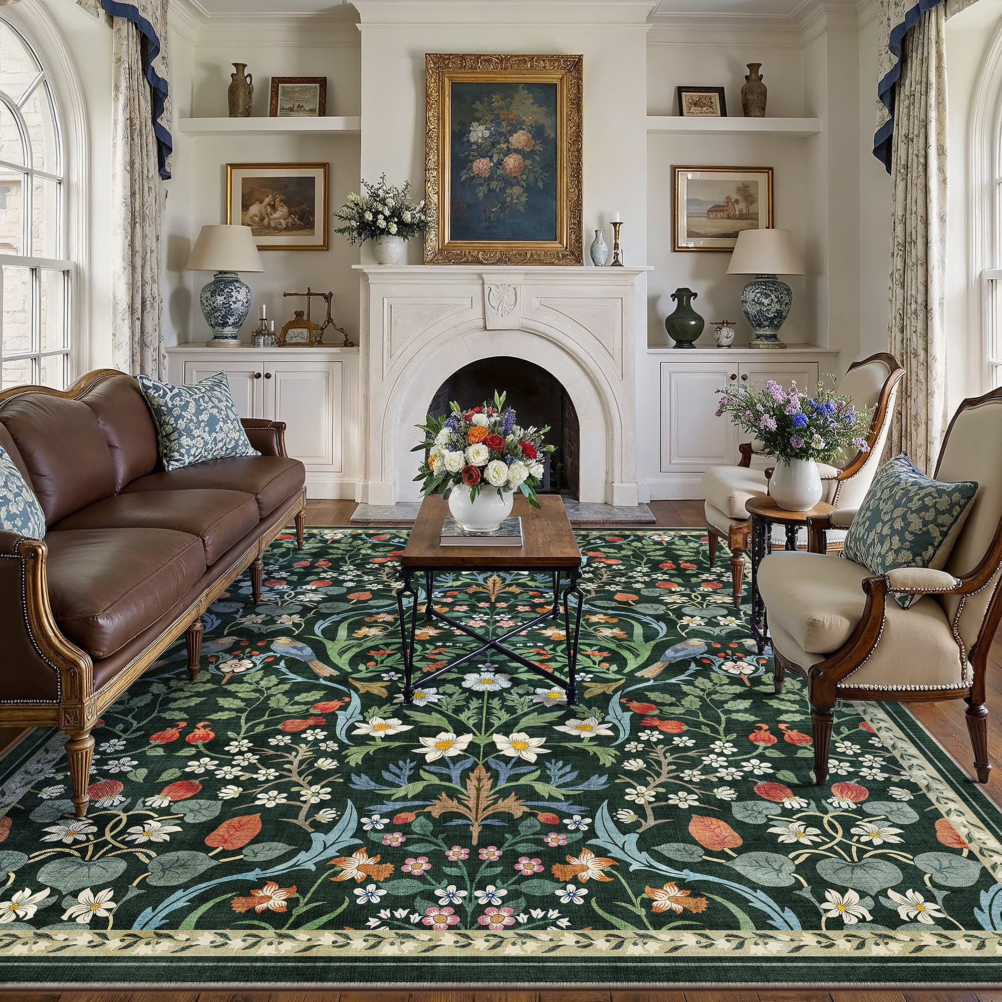 BERTHMEER 8'x10' Area Rugs Washable Non Slip Floral Carpets for Living Room Bedroom Kitchen Office Large Rugs Vintage Green Farmhouse Dining Room Oriental Flower Rugs, Multicolor