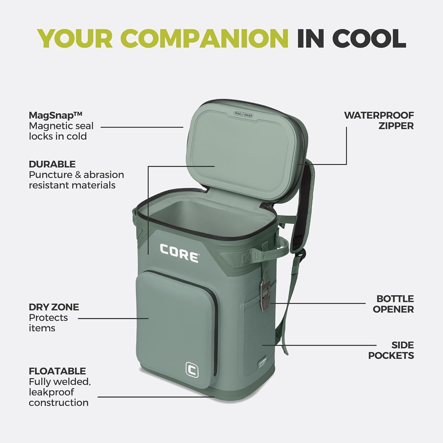 CORE 24 Can Climakeep Magnetic Soft Cooler, Leakproof Cooler, Waterproof Zipper, Sage