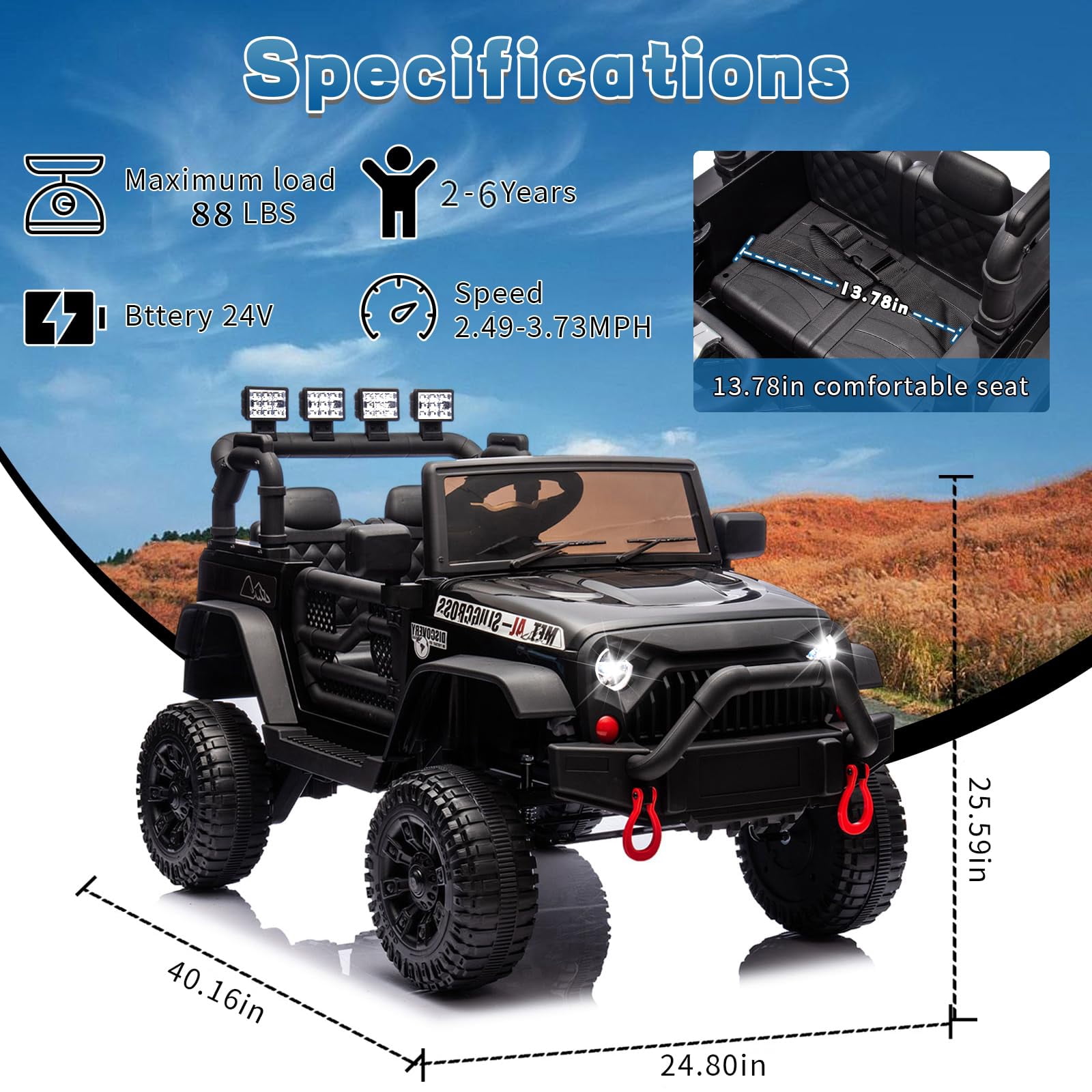 POVANLI 24V Kids Ride on Toy Jeep with Parent Remote, Electric Truck Car for Kid w/ 2*200W Moter, 3 Speeds, LED Lights, Multifunctional Dashboard, Bluetooth Music, USB, Toy Gift for Boy Girl(Black)