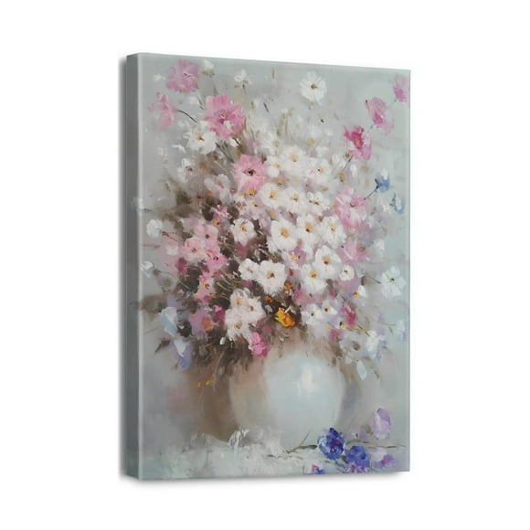 Art Mural en Toile de Fleurs Roses Charmantes 12x16 Pouces Bouquet Abstrait dans Vase Œuvres d'Art. Affiche Florale Rose Exquise pour Décoration de Chambre Ou Salle de Bain d'Adolescente