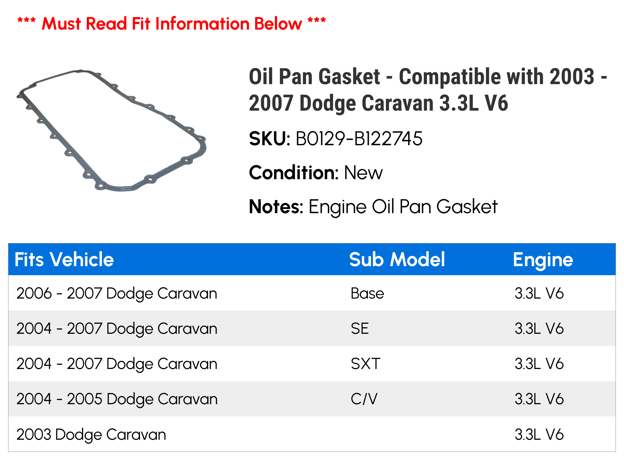 Oil Pan Gasket - Compatible with 2003 - 2007 Dodge Caravan 3.3L V6 2004 2005 2006