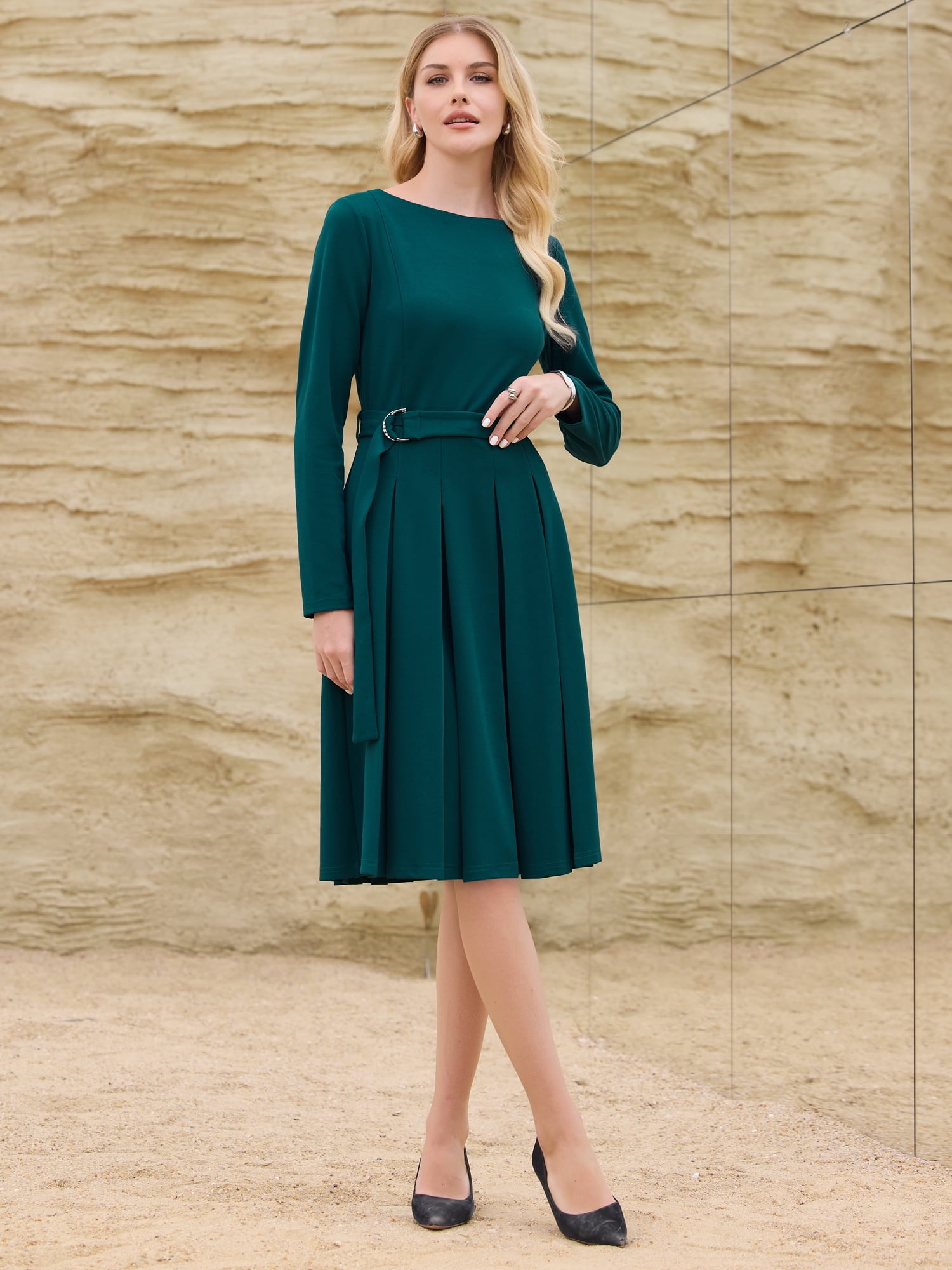 DARING DIVA Long Sleeve Pleated Crew Neck Belted A-Line Dress XL Blue Green