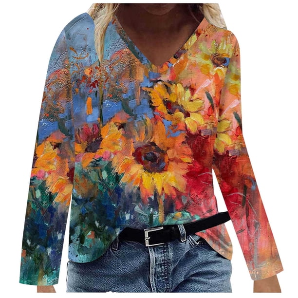 Camisas Para Mujer Tallas Grandes Casual Cuello en V Suelto Impreso Manga Larga Tops Mujer Blusa Odeerbi ODB128723