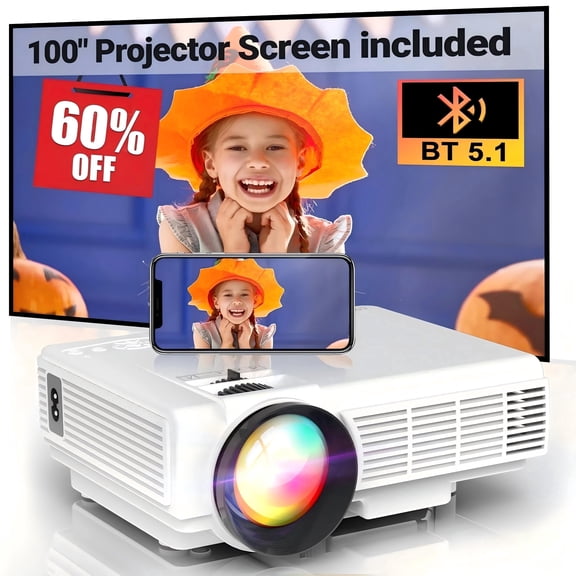 Mini Bluetooth 5.1 Projector with 100" Projector Screen, Full HD 1080P 170" Display Supported