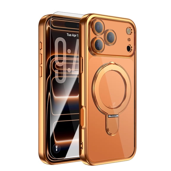 Dteck Magnetic Case with Tempered Glass Screen Protector for iPhone 17 Pro,Shockproof TPU PC Ring Stand Case Compatible with MagSafe Full Camera Protection Plating Transparent Cover,Orange