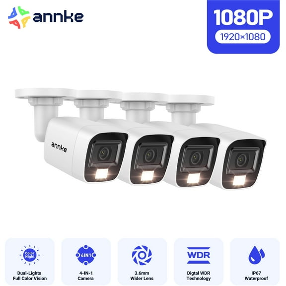 ANNKE 4PCS 1080P Surveillance Cameras 2MP IP66 Waterproof Indoor Outdoor Wired CCTV Camera Kit 20m Night Vision with Smart IR Bullet Cam White Color, Smart Dual Light