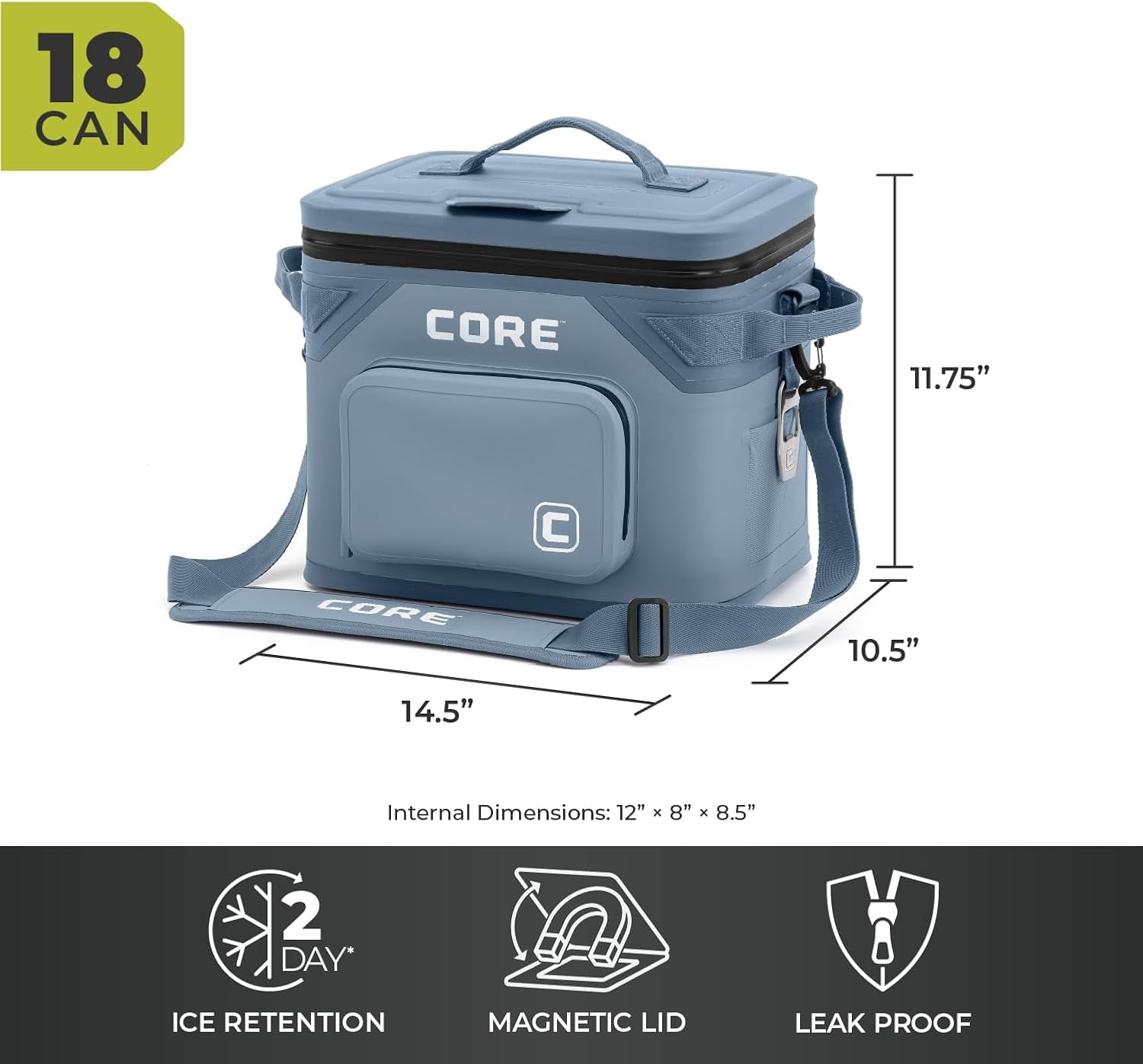 CORE 18 Can Climakeep Magnetic Soft Cooler, Leakproof Cooler, Waterproof Zipper, Steel Blue