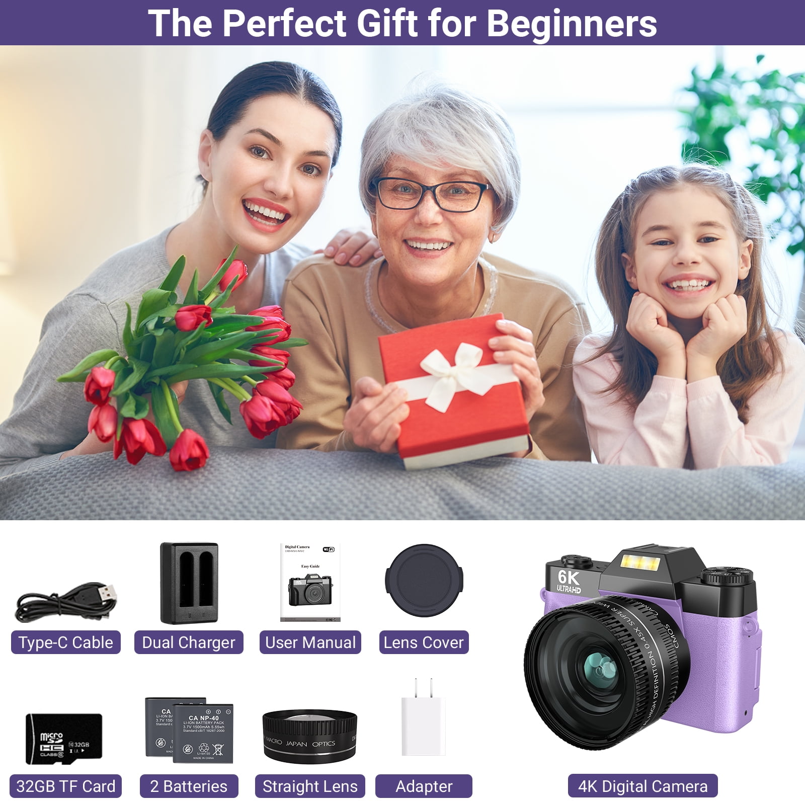 Saneen Digital Camera 6K 64MP Wifi Vlogging Cameras for YouTube 3''180° Flip Screen 16X Zoom 32GB SD Card 52mm Lens Purple