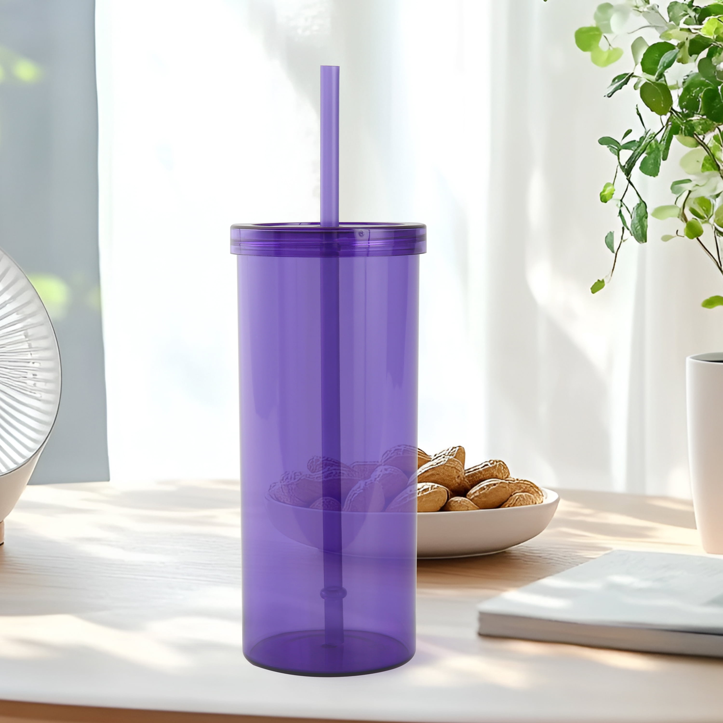 Mainstays 20oz Plastic Purple Tumbler with Screw Top Lid and Straw