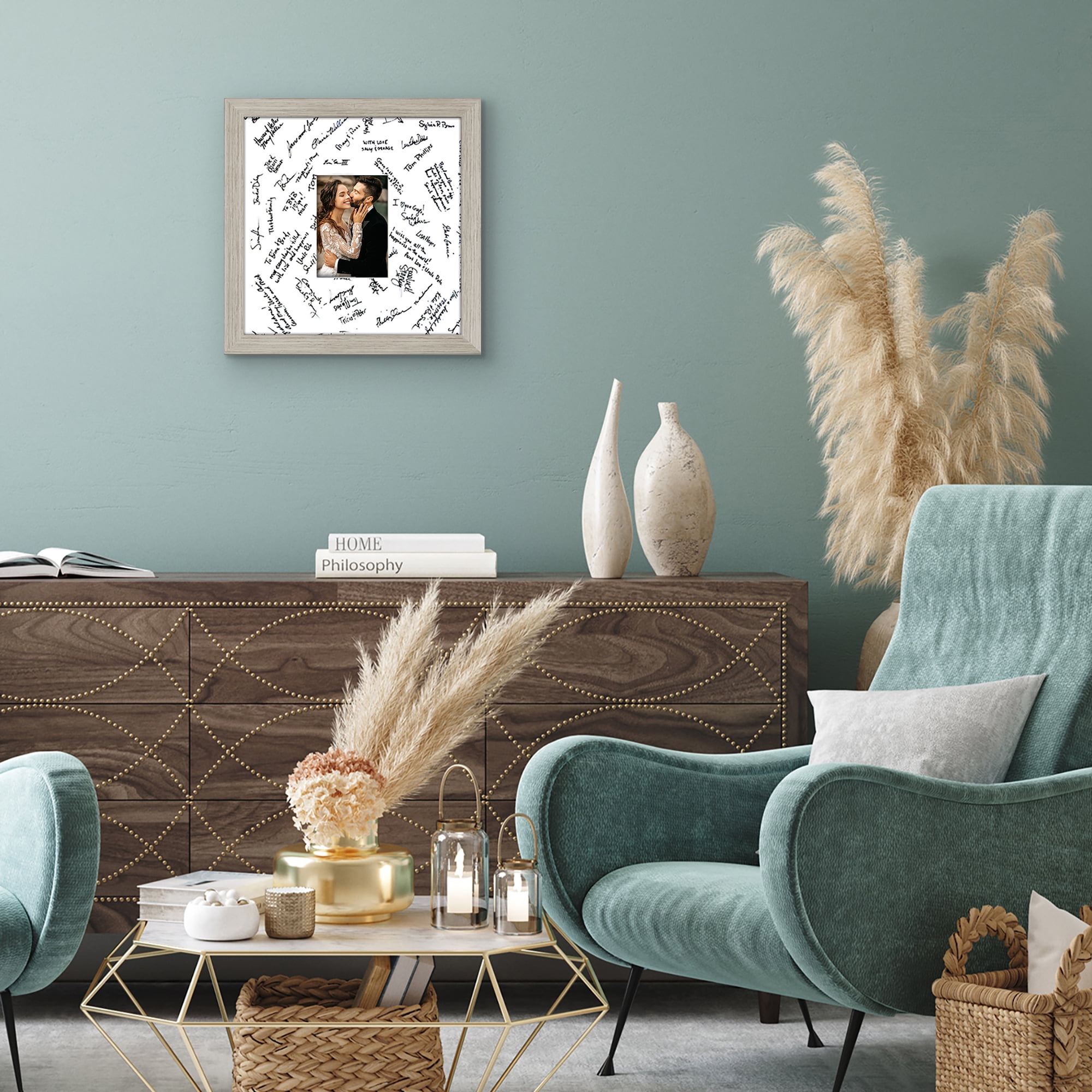 Americanflat 14x14 Picture Frame with Shatter-Resistant Glass with 5x7 Mat Wedding Signature Wall - Driftwood