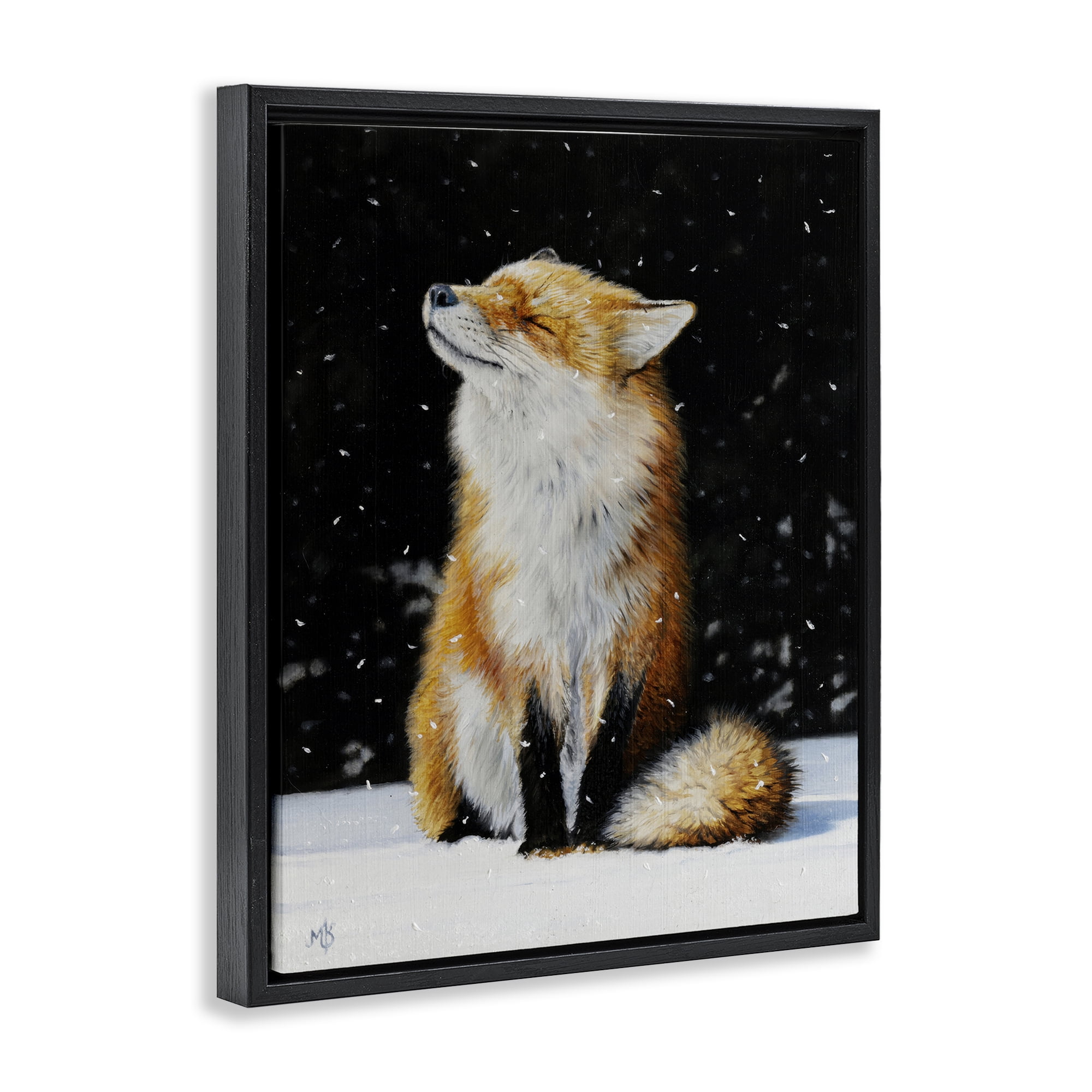 Stupell Industries Blissful Fox with Snowflakes Animals Painting Black Floater Framed Canvas Art Print Wall Art, 17 x 21