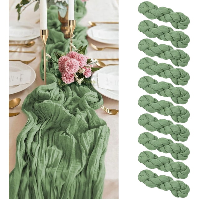 10 Pack Dark Green Cheesecloth Table Runner, 10FT Gauze Boho Rustic Tablecloth for Wedding Reception, Bridal Shower Holiday Party